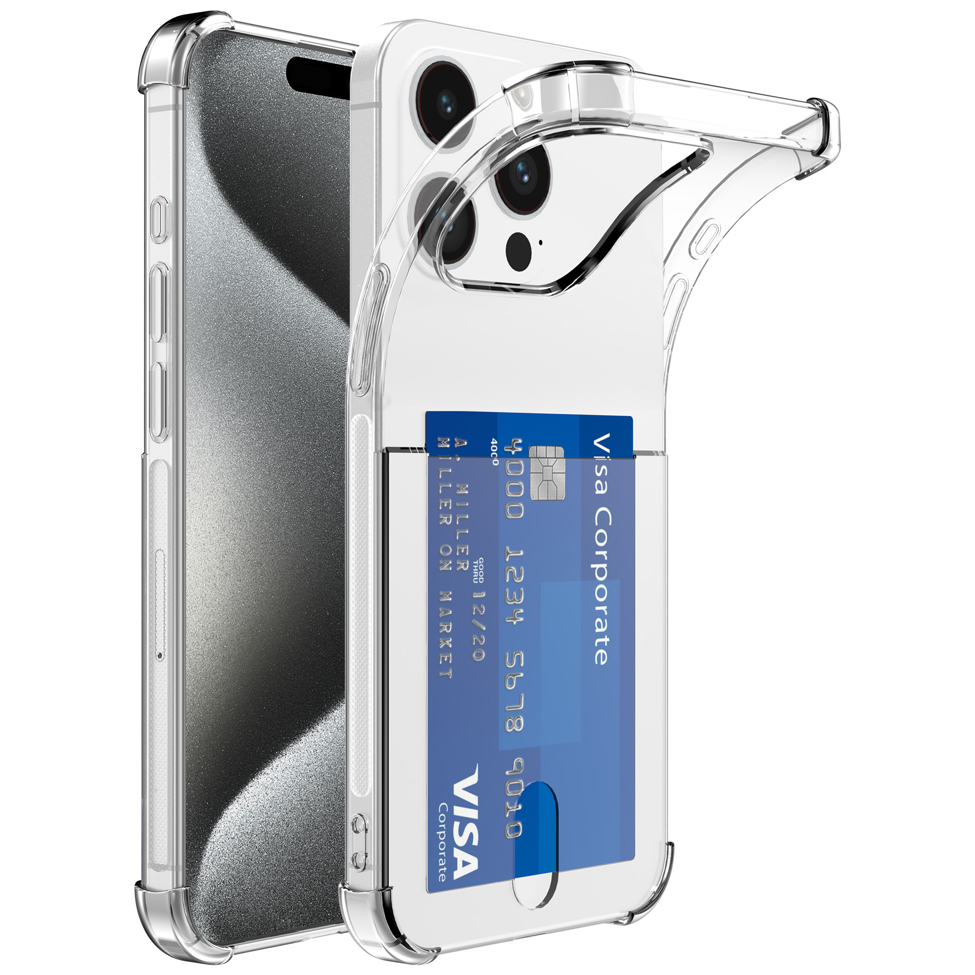 iPhone 15 Pro Max telefoonhoesje transparant met pasjeshouder en stootrand (1)