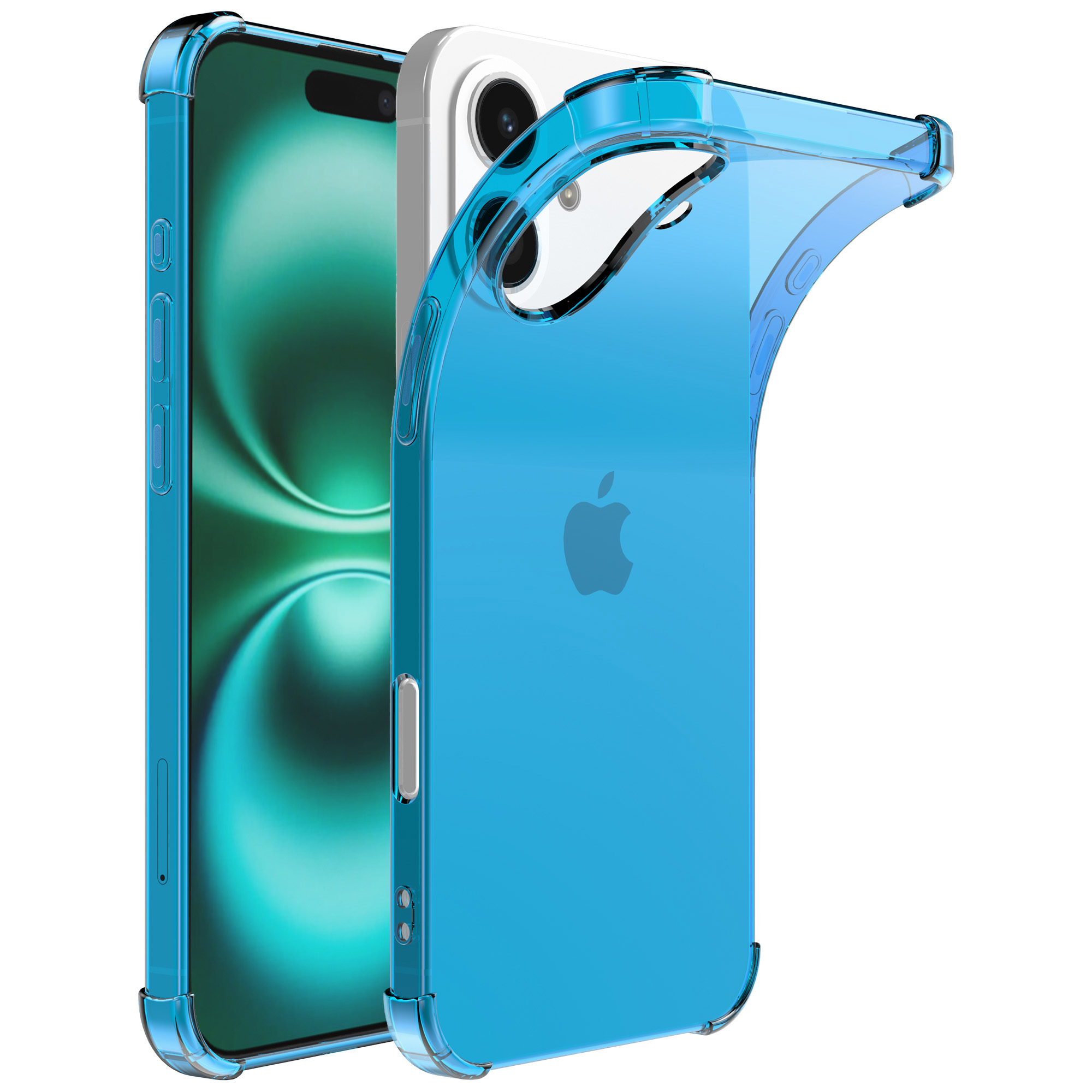 iPhone 16 Plus siliconen telefoonhoesje met stootrand transparant blauw (1)