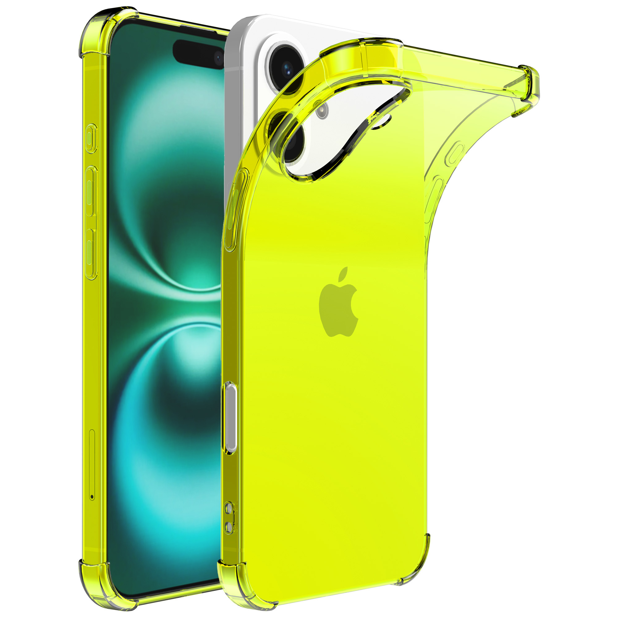 iPhone 16 Plus siliconen telefoonhoesje met stootrand transparant neon geel (1)