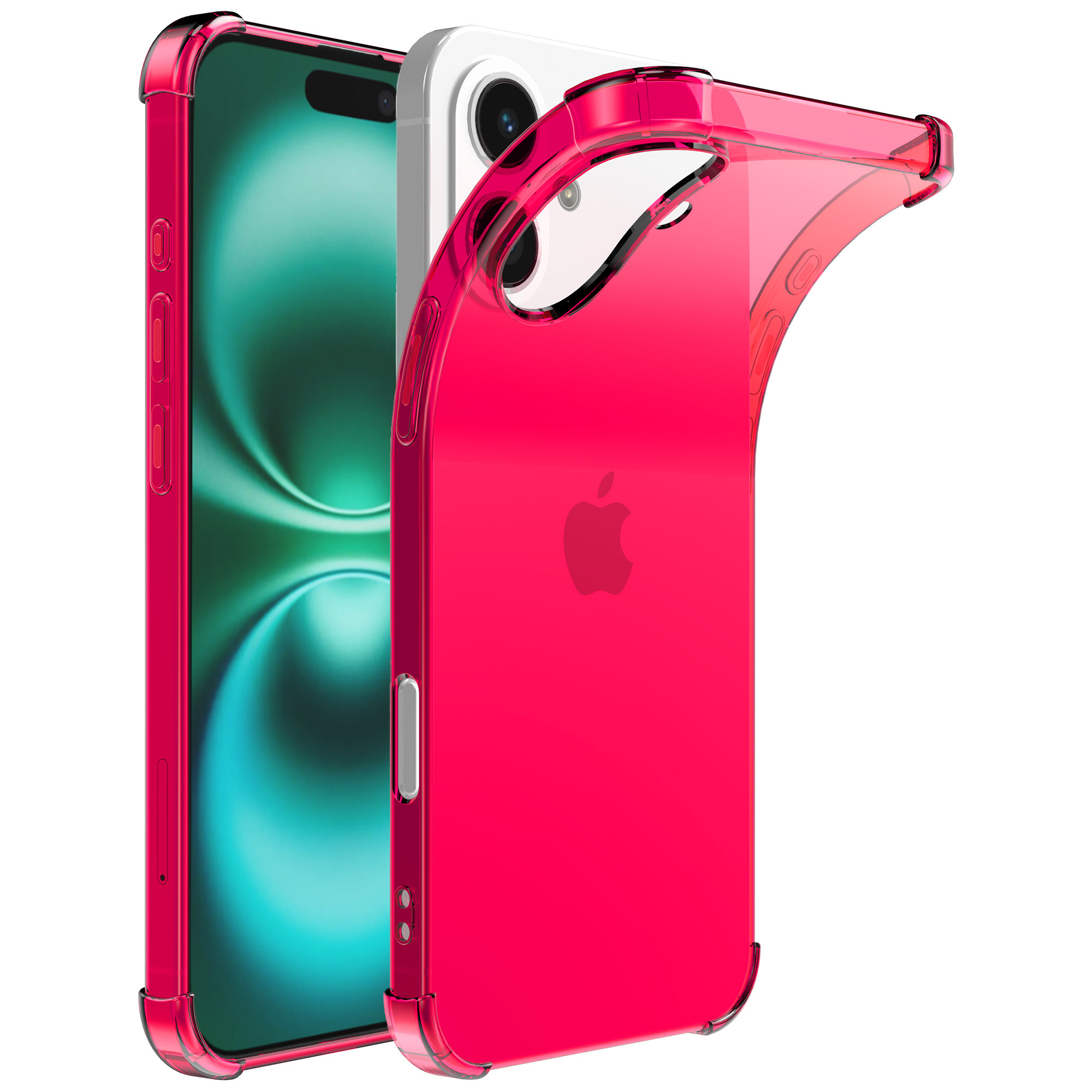 iPhone 16 Plus siliconen telefoonhoesje met stootrand transparant neon roze (1)