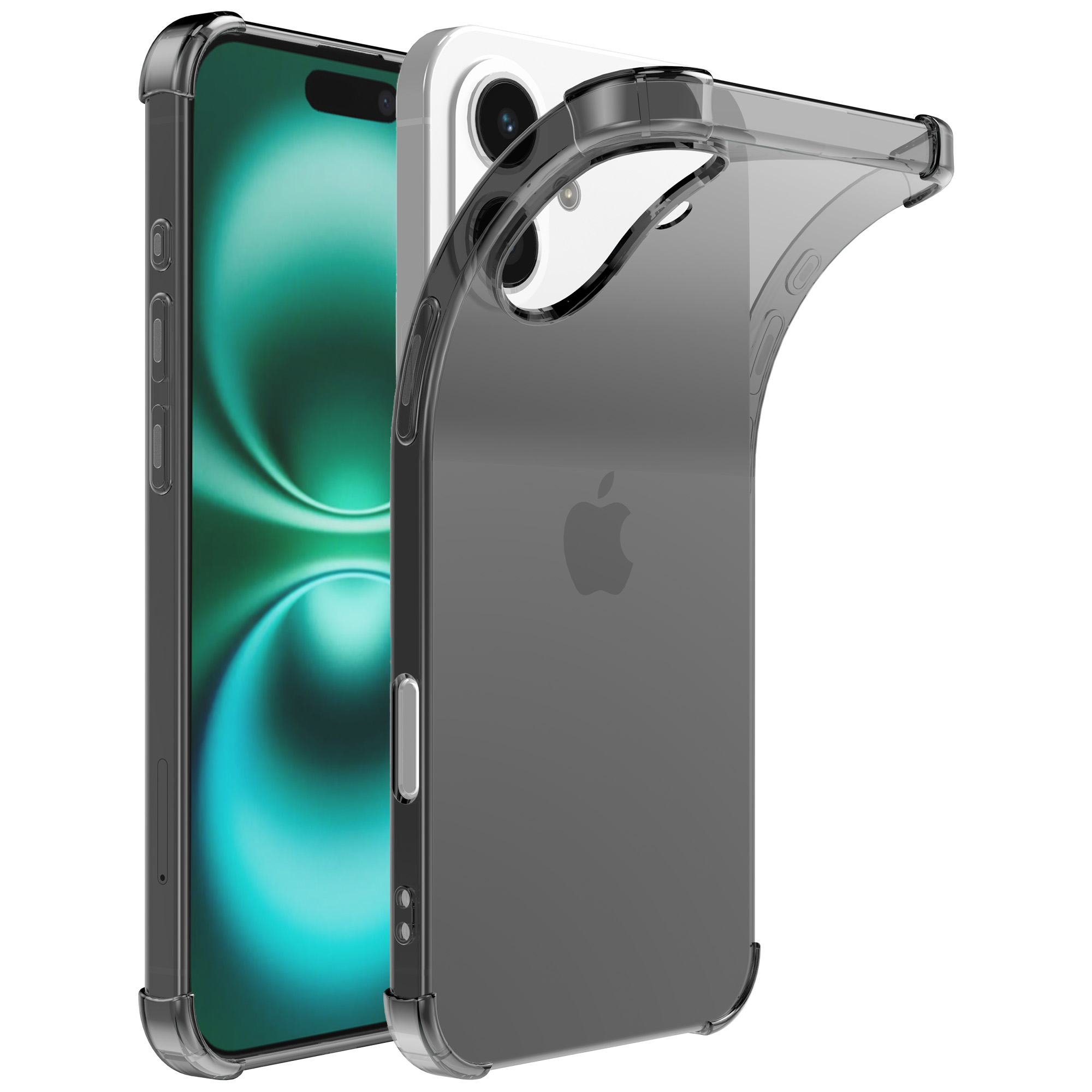 iPhone 16 Plus siliconen telefoonhoesje met stootrand transparant zwart (1)