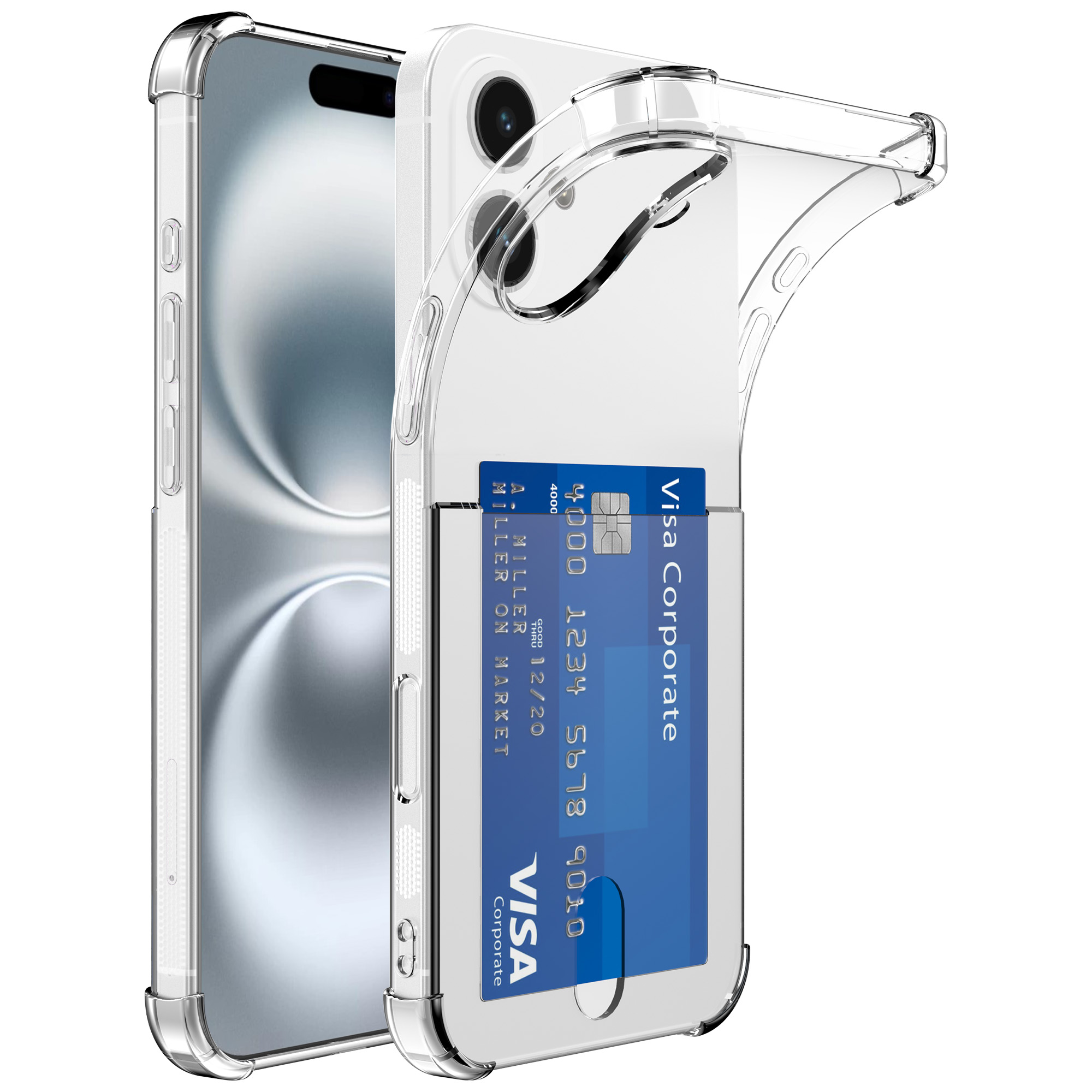 iPhone 16 telefoonhoesje transparant met pasjeshouder en stootrand (1)