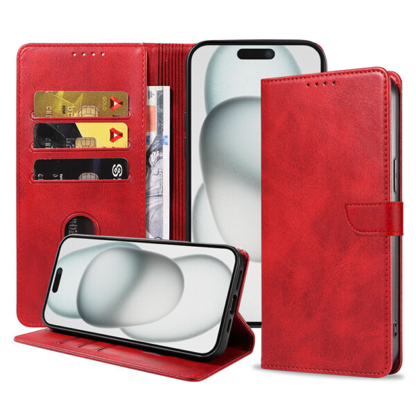 Iphone 15 Plus leren telefoonhoesje bookcase met pasjeshouder en magnetisch lipje (1) rood