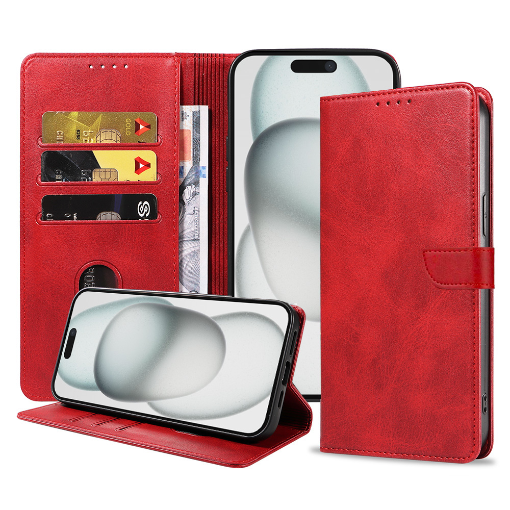 Iphone 15 Plus leren telefoonhoesje bookcase met pasjeshouder en magnetisch lipje (1) rood