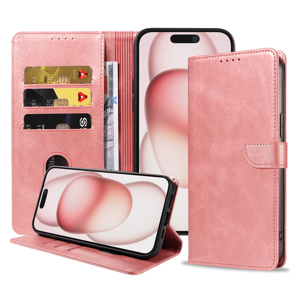 Iphone 15 Plus leren telefoonhoesje bookcase met pasjeshouder en magnetisch lipje (1) roze