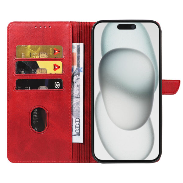 Iphone 15 Plus leren telefoonhoesje bookcase met pasjeshouder en magnetisch lipje (2) rood