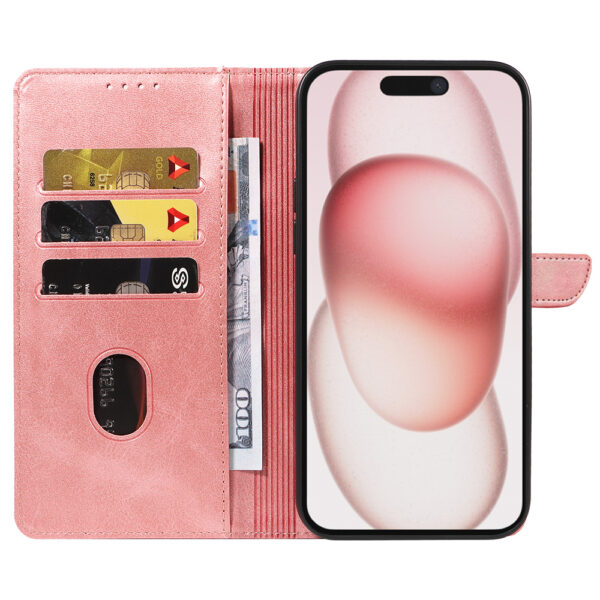 Iphone 15 Plus leren telefoonhoesje bookcase met pasjeshouder en magnetisch lipje (2) roze
