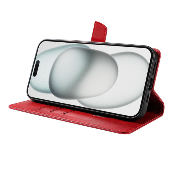 Iphone 15 Plus leren telefoonhoesje bookcase met pasjeshouder en magnetisch lipje (3) rood