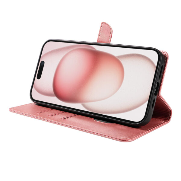 Iphone 15 Plus leren telefoonhoesje bookcase met pasjeshouder en magnetisch lipje (3) roze
