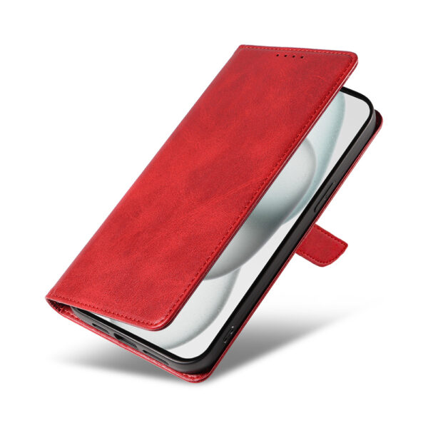 Iphone 15 Plus leren telefoonhoesje bookcase met pasjeshouder en magnetisch lipje (4) rood