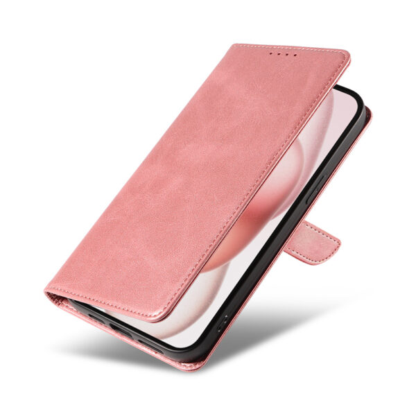 Iphone 15 Plus leren telefoonhoesje bookcase met pasjeshouder en magnetisch lipje (4) roze