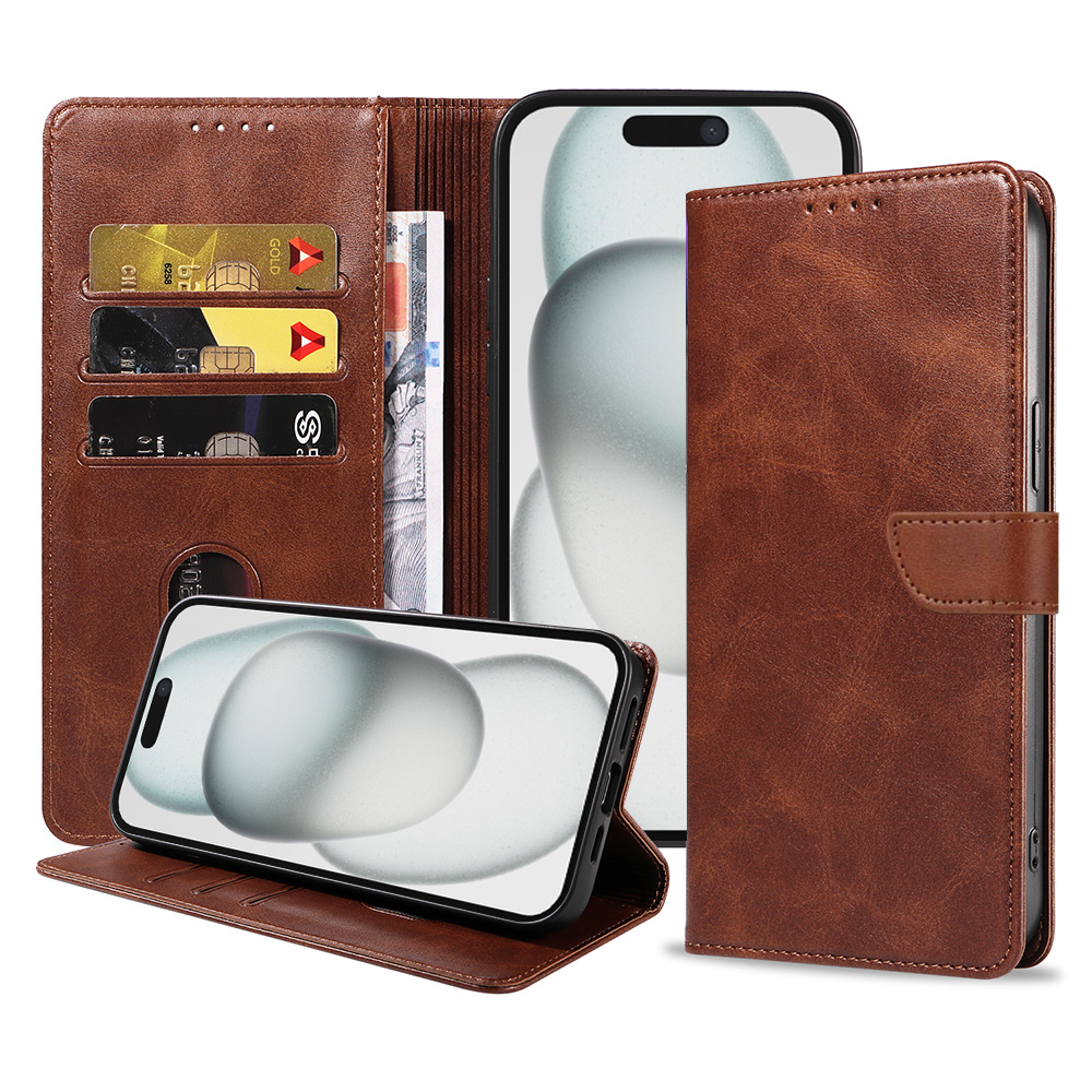 Iphone 15 Plus leren telefoonhoesje bookcase met pasjeshouder en magnetische lipje (1) donkerbruin