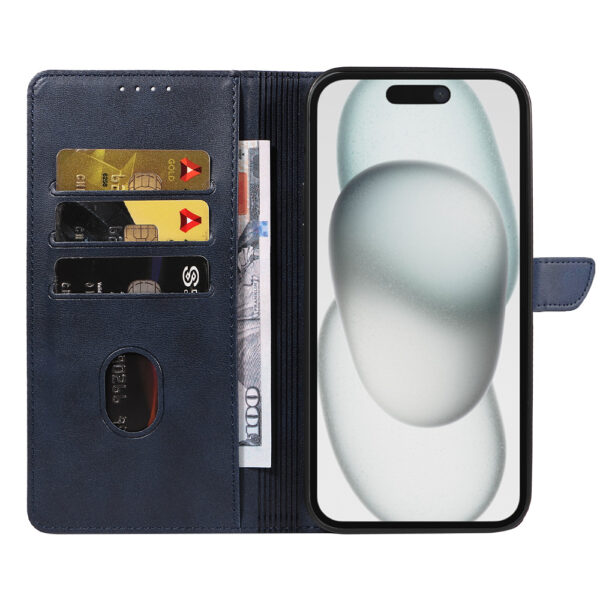 Iphone 15 Plus leren telefoonhoesje bookcase met pasjeshouder en magnetische lipje (2) blauw