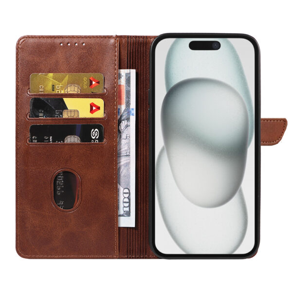 Iphone 15 Plus leren telefoonhoesje bookcase met pasjeshouder en magnetische lipje (1) donkerbruin