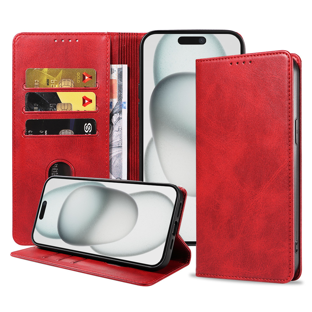 Iphone 15 Plus leren telefoonhoesje bookcase met pasjeshouder en magnetische sluiting (1) rood
