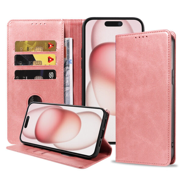 Iphone 15 Plus leren telefoonhoesje bookcase met pasjeshouder en magnetische sluiting (1) roze
