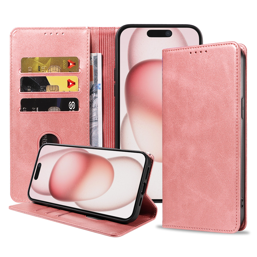 Iphone 15 Plus leren telefoonhoesje bookcase met pasjeshouder en magnetische sluiting (1) roze