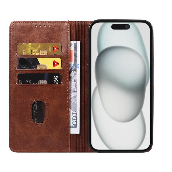 Iphone 15 Plus leren telefoonhoesje bookcase met pasjeshouder en magnetische sluiting (2) donkerbruin