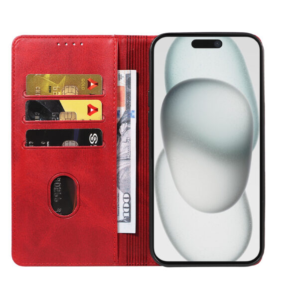 Iphone 15 Plus leren telefoonhoesje bookcase met pasjeshouder en magnetische sluiting (2) rood