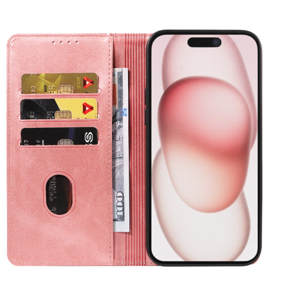 Iphone 15 Plus leren telefoonhoesje bookcase met pasjeshouder en magnetische sluiting (2) roze
