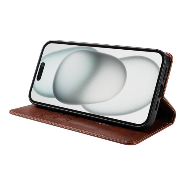 Iphone 15 Plus leren telefoonhoesje bookcase met pasjeshouder en magnetische sluiting (3) donkerbruin