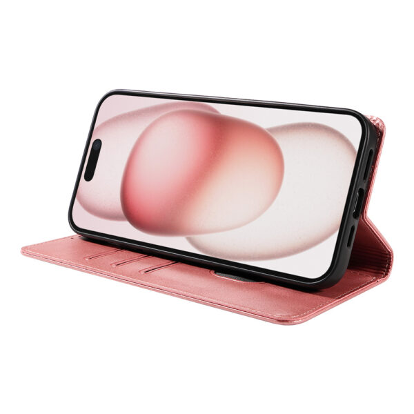 Iphone 15 Plus leren telefoonhoesje bookcase met pasjeshouder en magnetische sluiting (3) roze