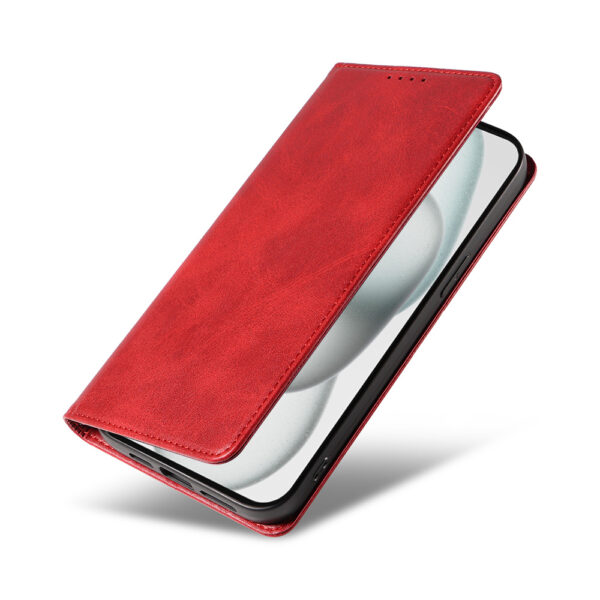 Iphone 15 Plus leren telefoonhoesje bookcase met pasjeshouder en magnetische sluiting (4) rood