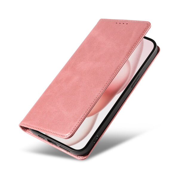 Iphone 15 Plus leren telefoonhoesje bookcase met pasjeshouder en magnetische sluiting (4) roze