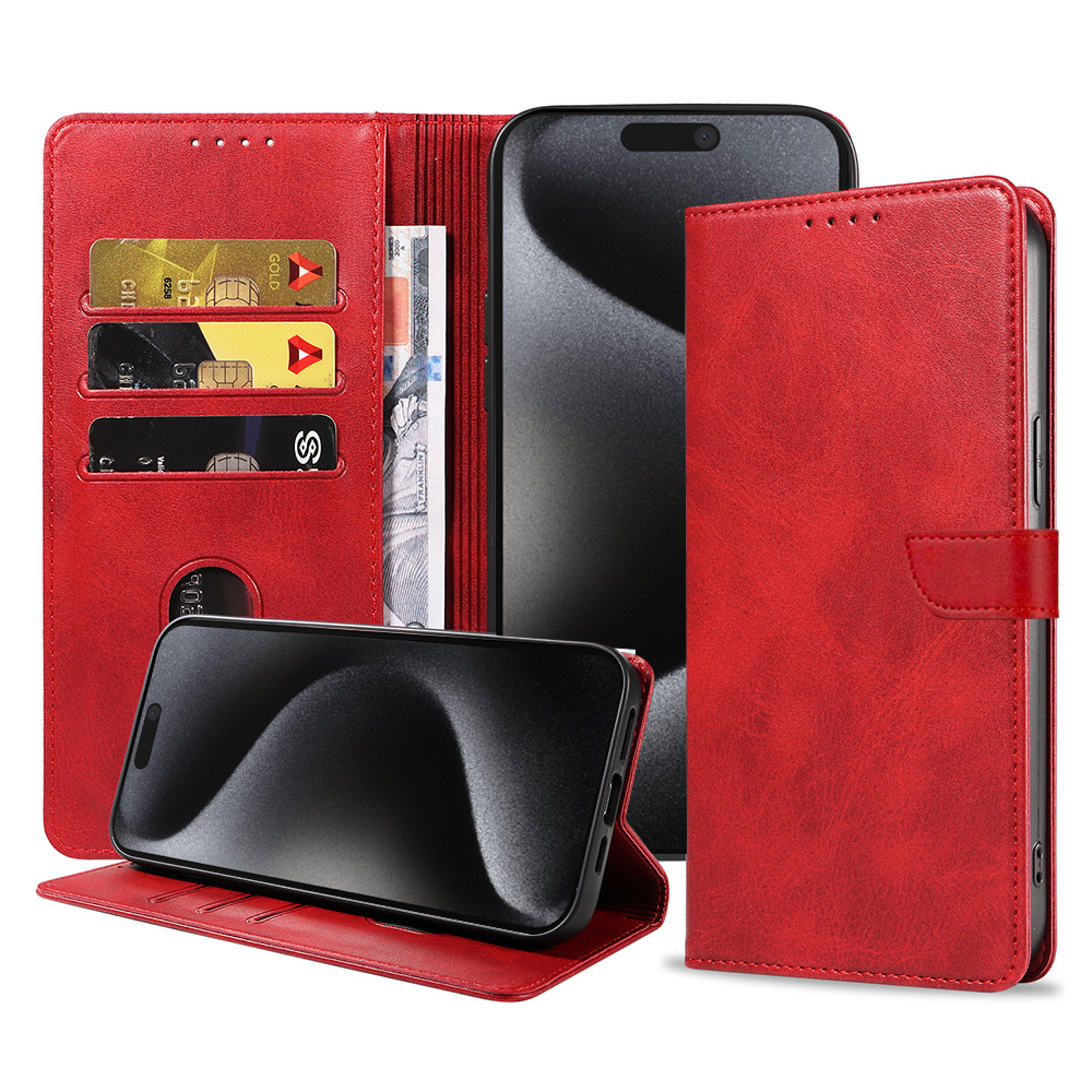 Iphone 15 Pro Max leren telefoonhoesje bookcase met pasjeshouder en magnetisch lipje (1) rood