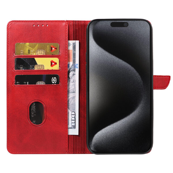 Iphone 15 Pro Max leren telefoonhoesje bookcase met pasjeshouder en magnetisch lipje (2) rood