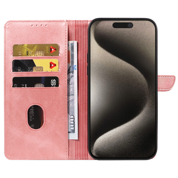 Iphone 15 Pro Max leren telefoonhoesje bookcase met pasjeshouder en magnetisch lipje (2) roze
