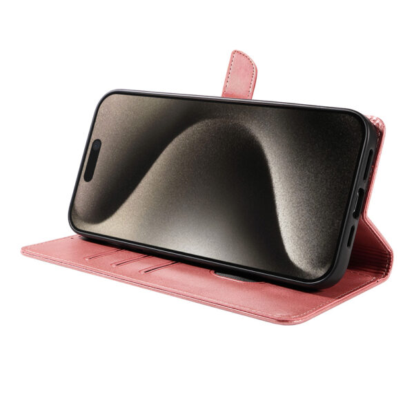 Iphone 15 Pro Max leren telefoonhoesje bookcase met pasjeshouder en magnetisch lipje (3) roze