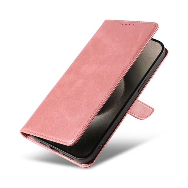 Iphone 15 Pro Max leren telefoonhoesje bookcase met pasjeshouder en magnetisch lipje (4) roze