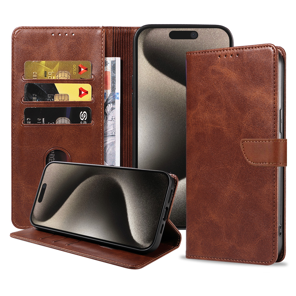 Iphone 15 Pro Max leren telefoonhoesje bookcase met pasjeshouder en magnetische lipje (1) donkerbruin