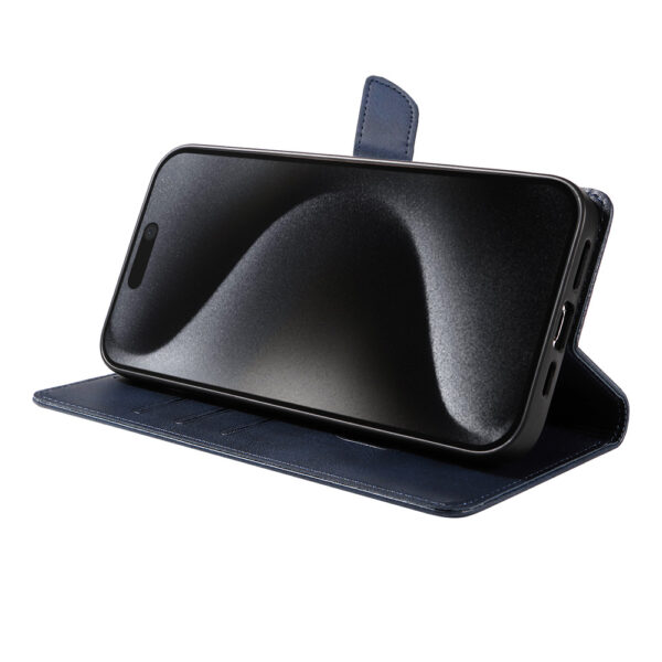 Iphone 15 Pro Max leren telefoonhoesje bookcase met pasjeshouder en magnetische lipje (3) blauw