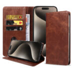 Iphone 15 Pro Max leren telefoonhoesje bookcase met pasjeshouder en magnetische sluiting (1) donkerbruin