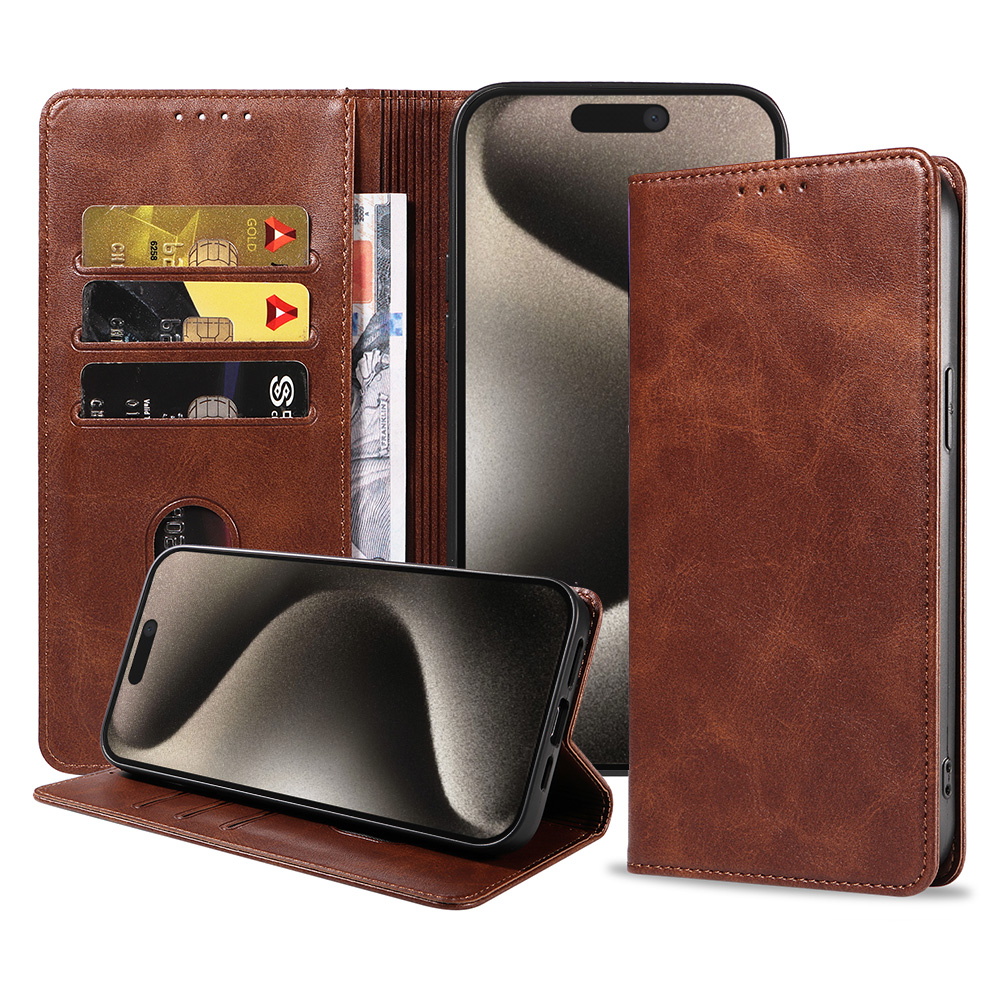 Iphone 15 Pro Max leren telefoonhoesje bookcase met pasjeshouder en magnetische sluiting (1) donkerbruin