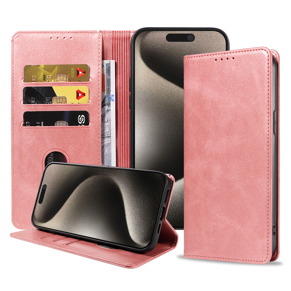Iphone 15 Pro Max leren telefoonhoesje bookcase met pasjeshouder en magnetische sluiting (1) roze