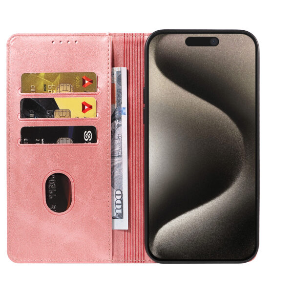 Iphone 15 Pro Max leren telefoonhoesje bookcase met pasjeshouder en magnetische sluiting (2) roze