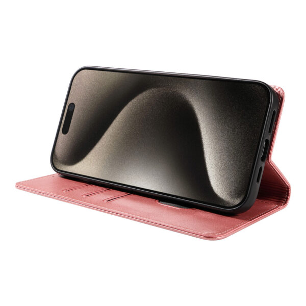 Iphone 15 Pro Max leren telefoonhoesje bookcase met pasjeshouder en magnetische sluiting (3) roze