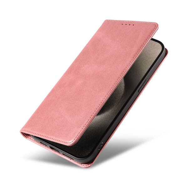 Iphone 15 Pro Max leren telefoonhoesje bookcase met pasjeshouder en magnetische sluiting (4) roze
