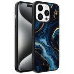 Iphone 15 Pro Max telefoonhoesje met blauw goud marmer opdruk (1)