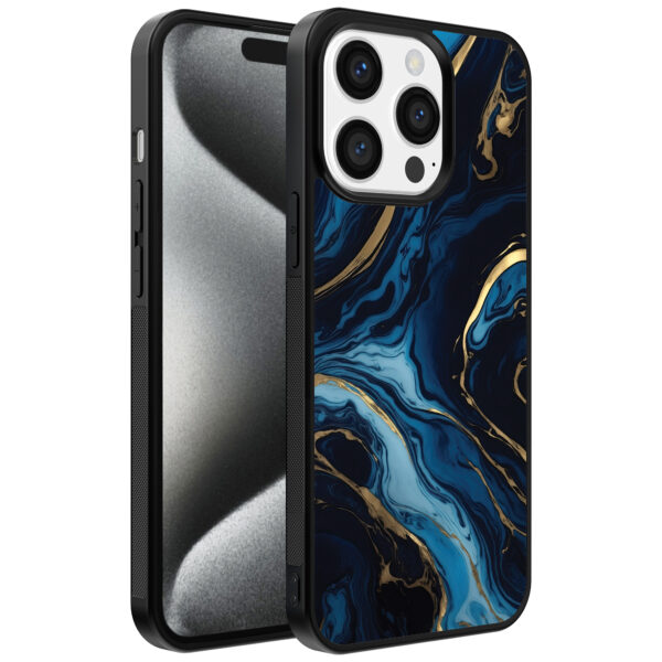 Iphone 15 Pro Max telefoonhoesje met blauw goud marmer opdruk (1)