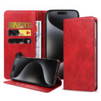 Iphone 15 Pro leren telefoonhoesje bookcase met pasjeshouder en magnetische sluiting (1) rood