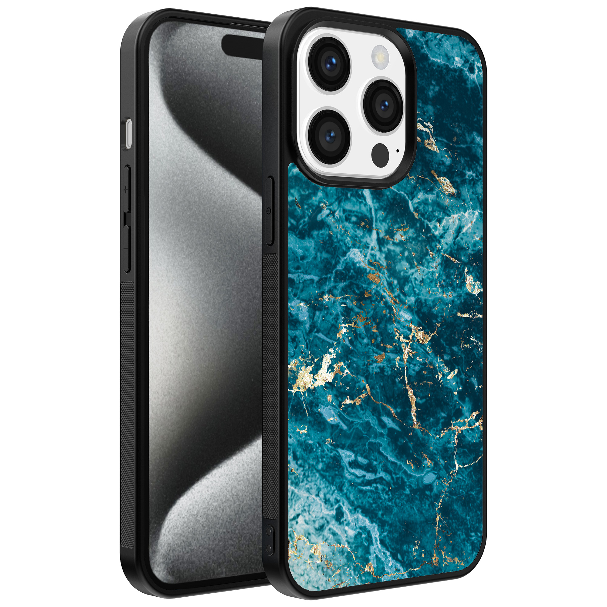 Iphone 15 Pro telefoonhoesje met blauw marmer opdruk (1)