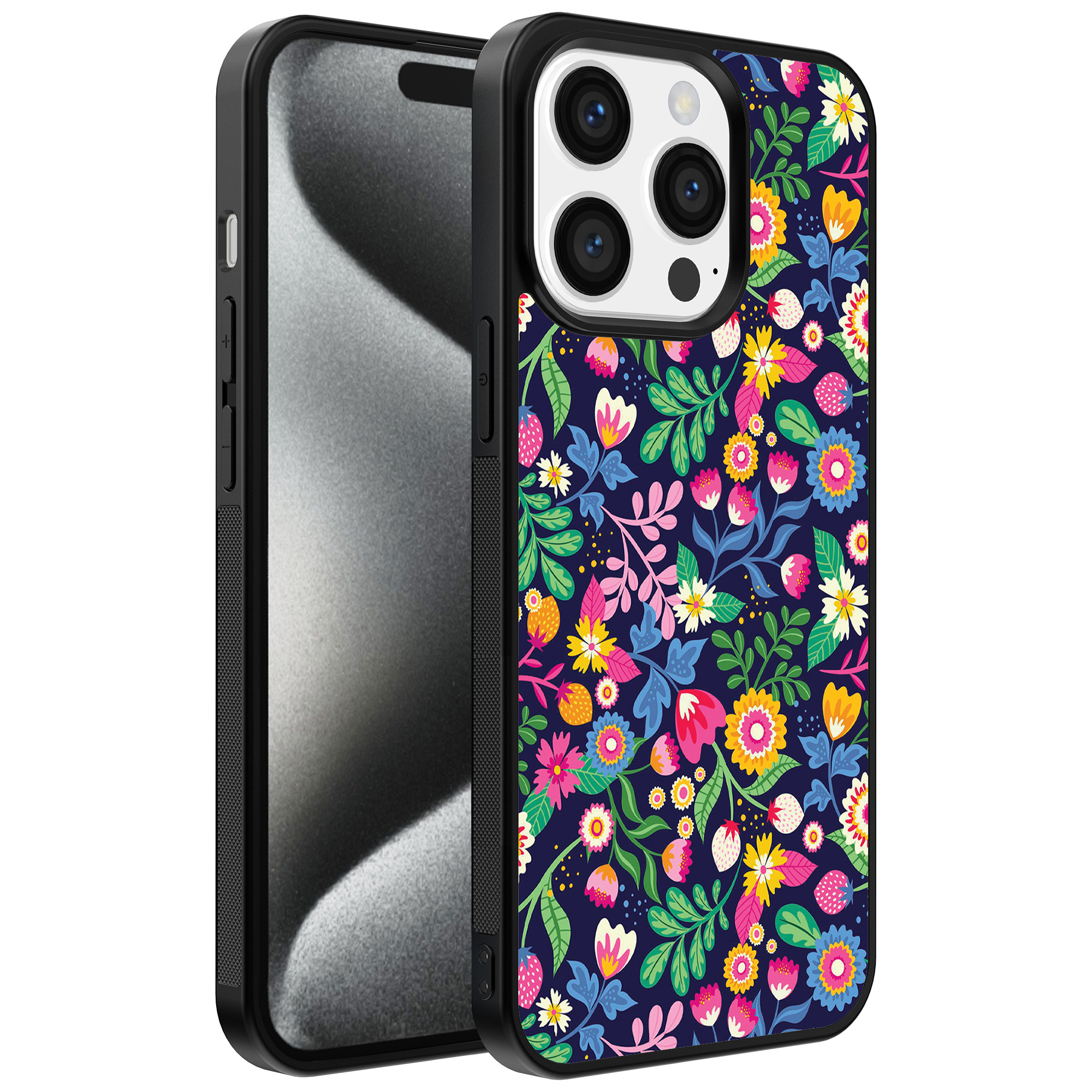 Iphone 15 Pro telefoonhoesje met bloemen opdruk (1)