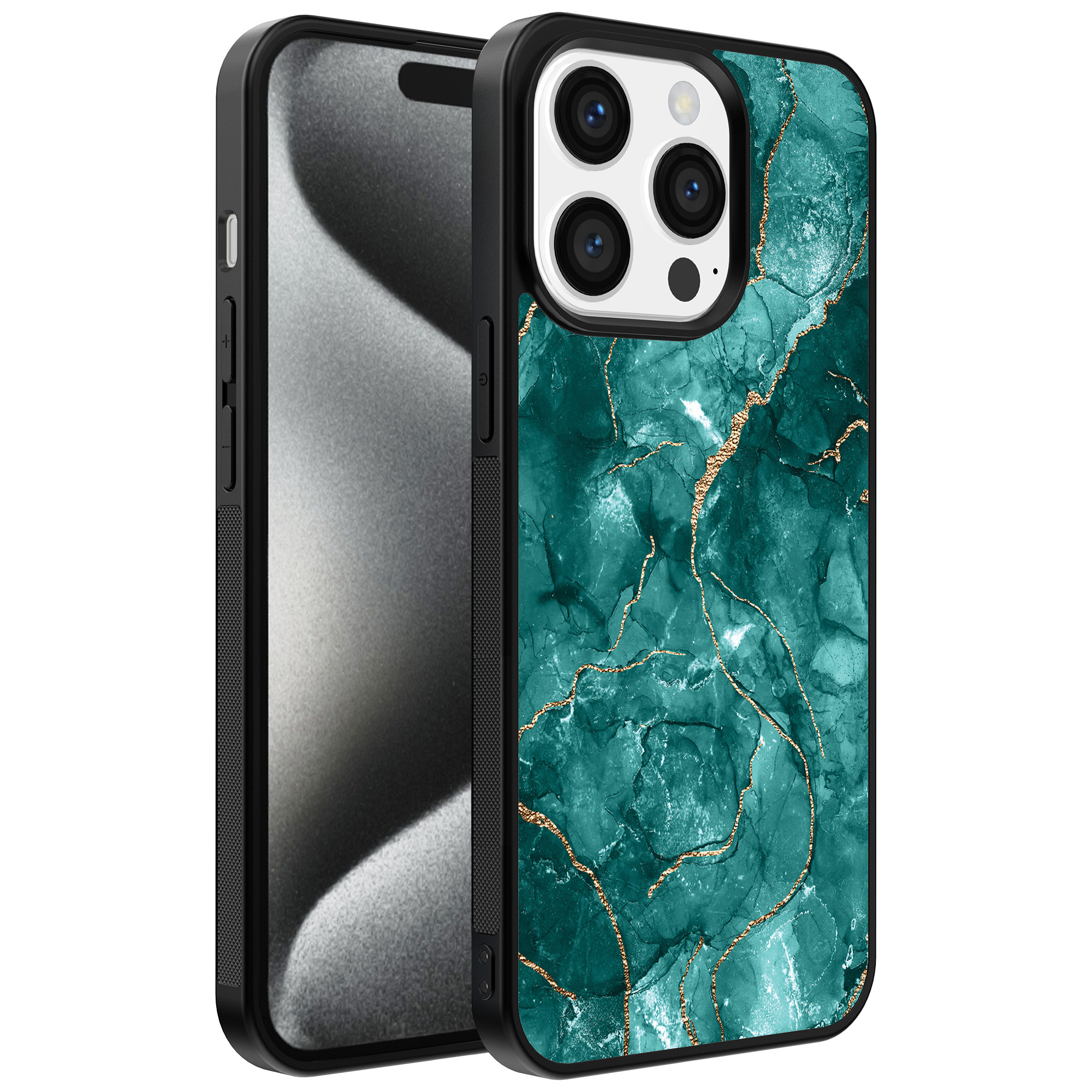 Iphone 15 Pro telefoonhoesje met groen marmer opdruk (1)