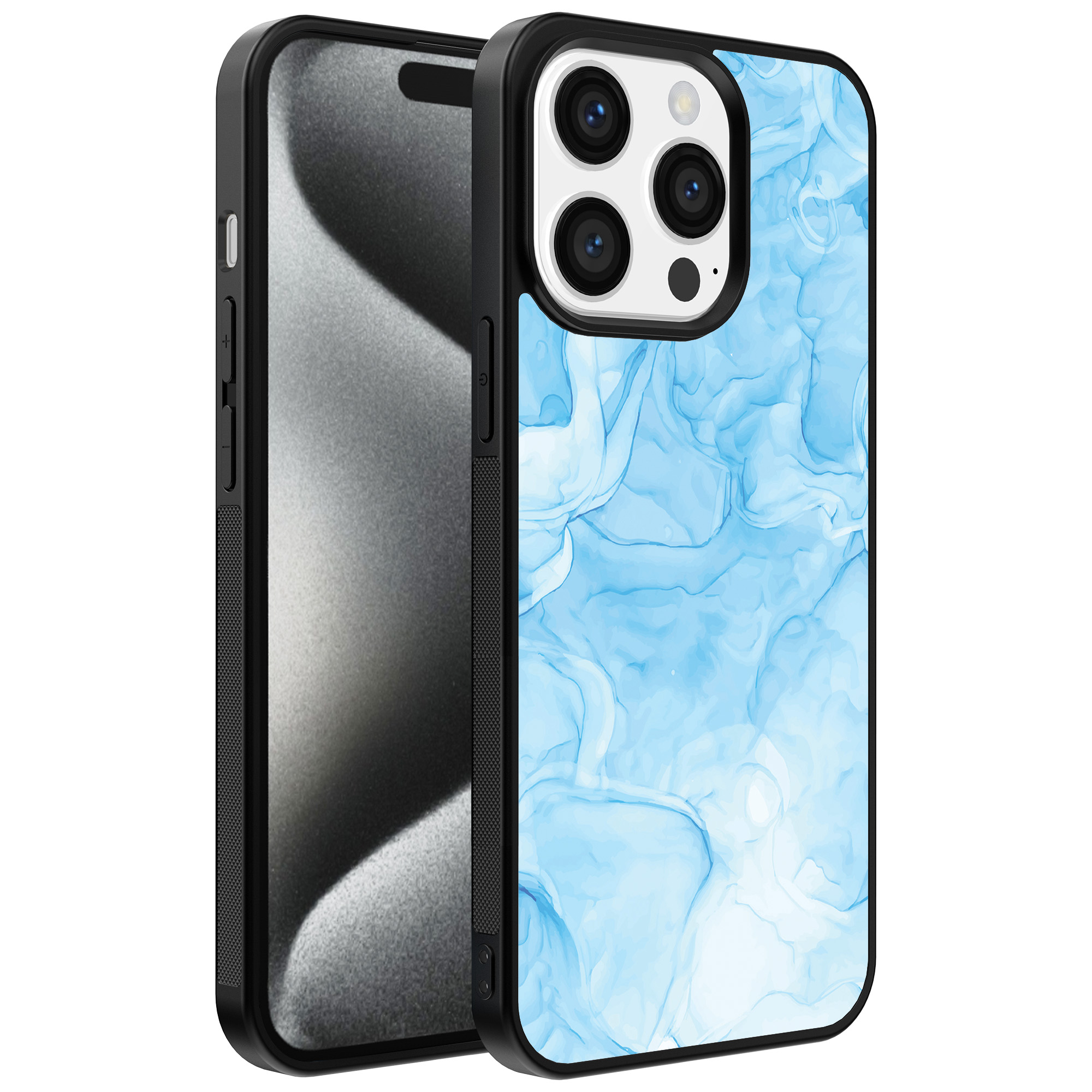 Iphone 15 Pro telefoonhoesje met lichtblauw marmer opdruk (1)