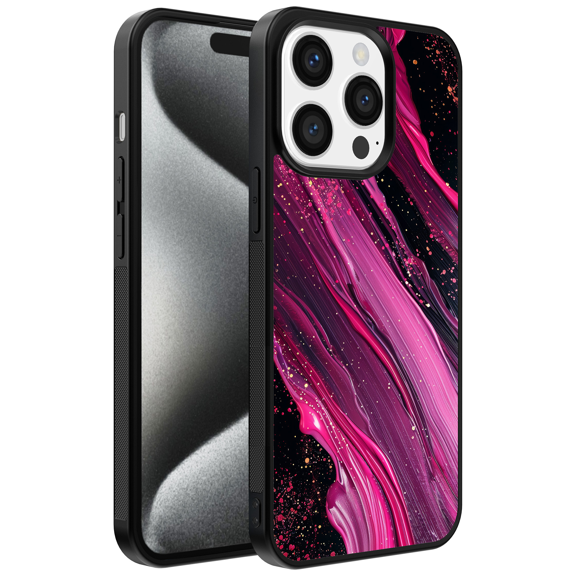 Iphone 15 Pro telefoonhoesje met paars roze marmer opdruk (1)