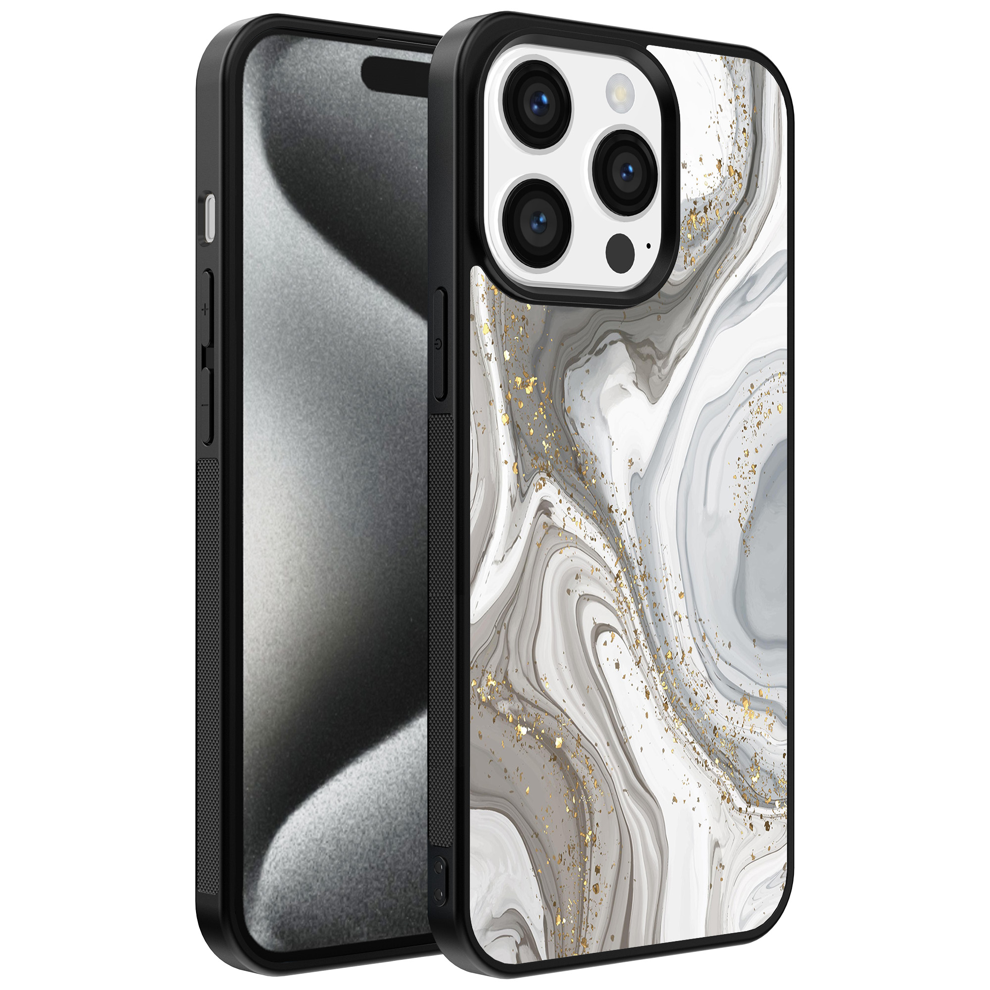 Iphone 15 Pro telefoonhoesje met zilver marmer opdruk (1)